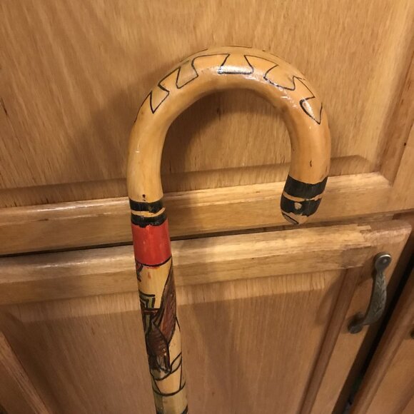 Handcrafted Wooden Walking Stick With Colorful Aztec Designs Cozumel Mexico 39" - Picture 3 of 11